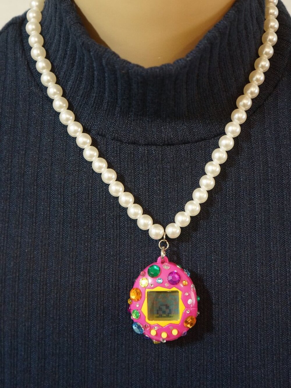 Laser Kitten Bedazzled Pink Tamagotchi Necklace